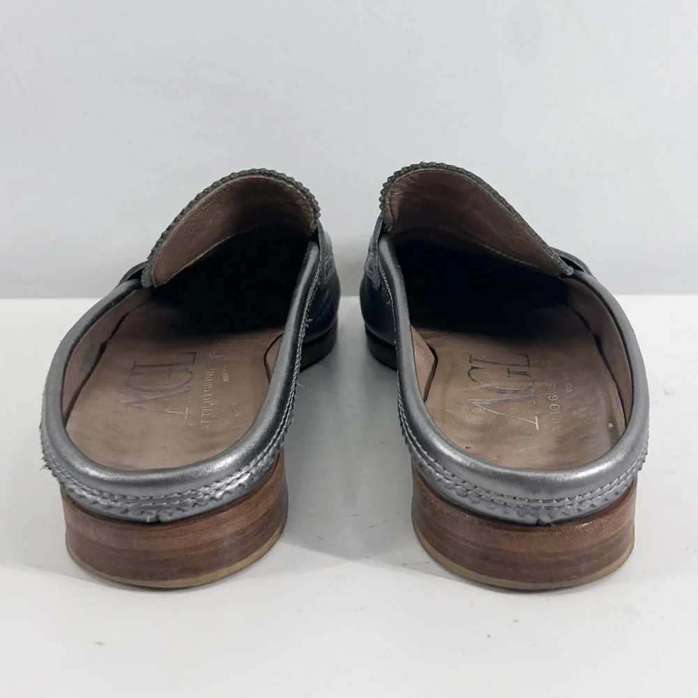 AGL Attilio Giusti Leombruni Silver Metallic Leather Slip On Loafers Size 6
